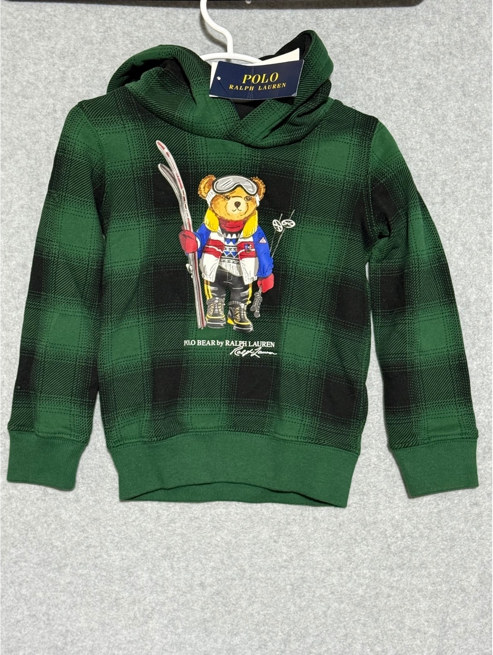 NWT Polo Ralph Lauren Boys Size 4 Green Watch Plaid Skiing Polo Bear Hoodie